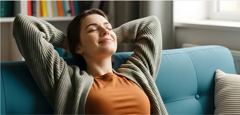 Mujer disfrutando del confort del hogar con la tarifa fija de luz de CreaEnergia, estable todo el año y 100% verde.