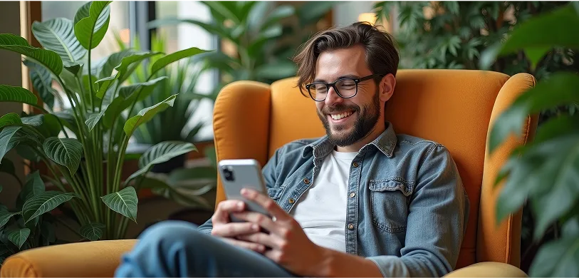 Hombre revisando su consumo en la app de CreaEnergia con la tarifa variable de luz, ajustada al precio de mercado.