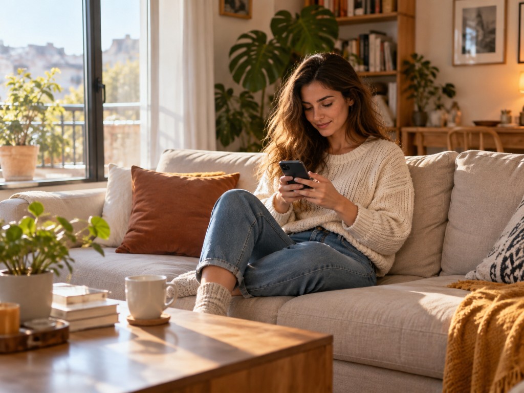 Mujer en el sofá consultando el móvil en casa